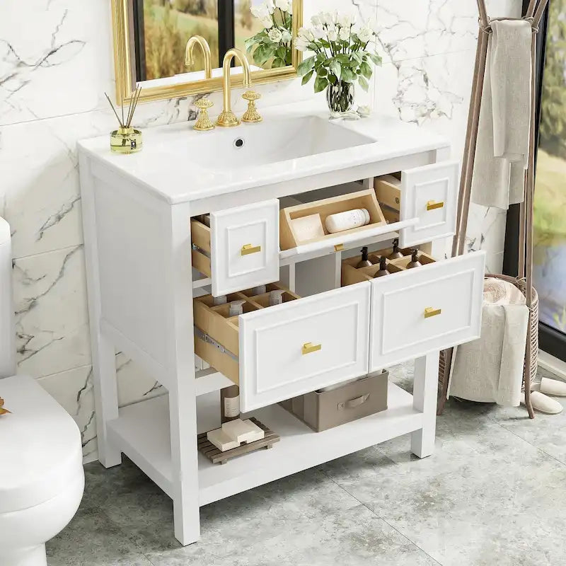 Meuble lavabo de salle de bain 30 po avec évier en céramique, ensemble de vanité autoportant simple avec 5 tiroirs