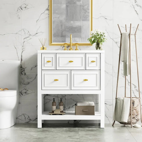 Meuble lavabo de salle de bain 30 po avec évier en céramique, ensemble de vanité autoportant simple avec 5 tiroirs