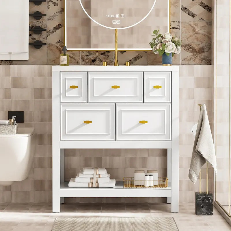 Meuble lavabo de salle de bain 30 po avec évier en céramique, ensemble de vanité autoportant simple avec 5 tiroirs