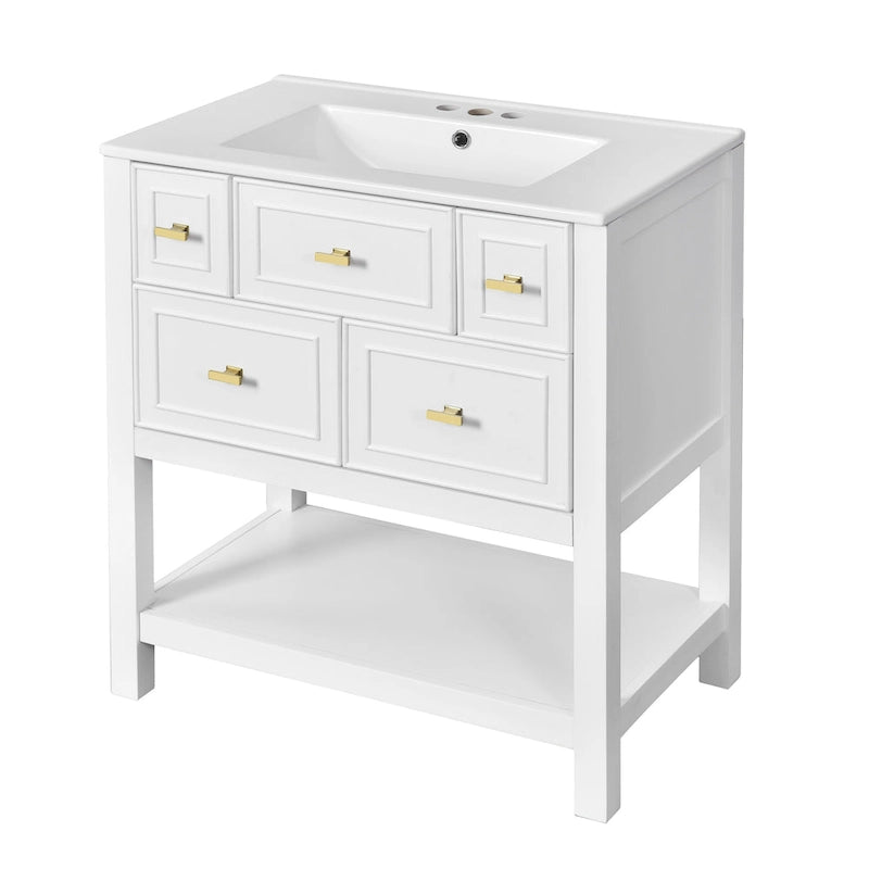 Meuble lavabo de salle de bain 30 po avec évier en céramique, ensemble de vanité autoportant simple avec 5 tiroirs