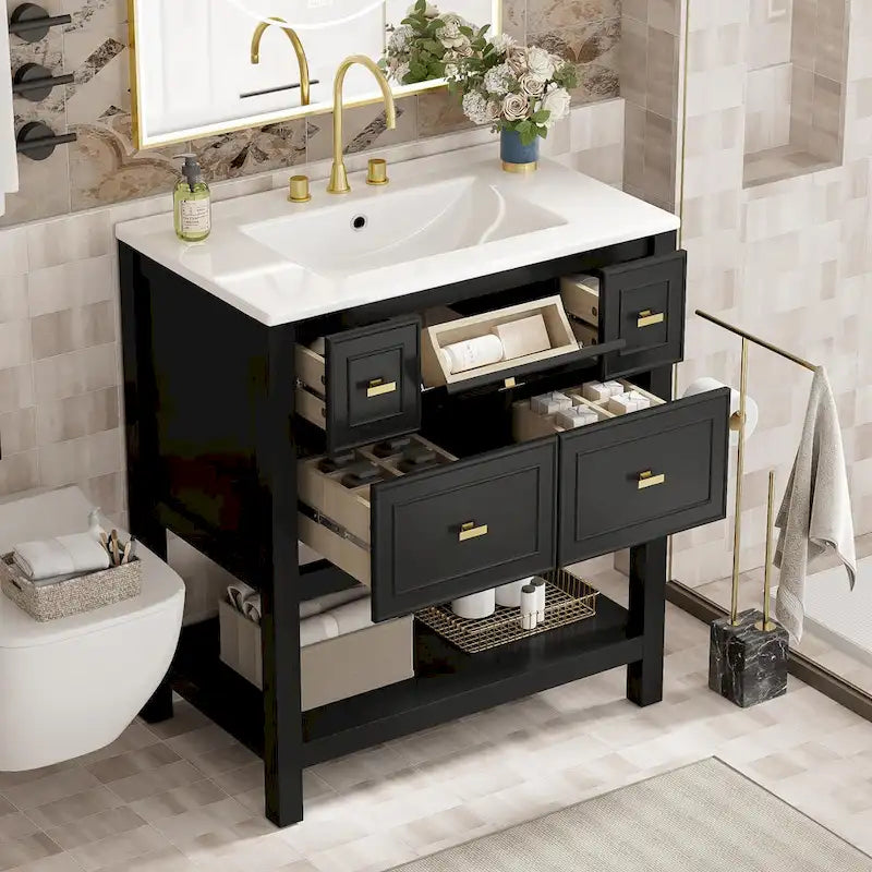 Meuble lavabo de salle de bain 30 po avec évier en céramique, ensemble de vanité autoportant simple avec 5 tiroirs