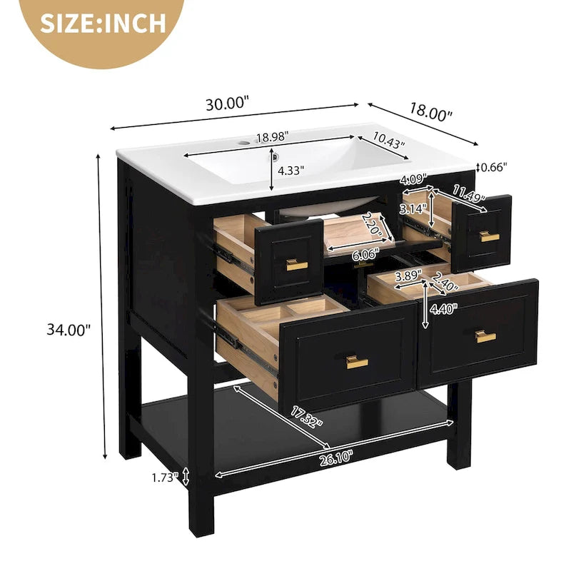 Meuble lavabo de salle de bain 30 po avec évier en céramique, ensemble de vanité autoportant simple avec 5 tiroirs