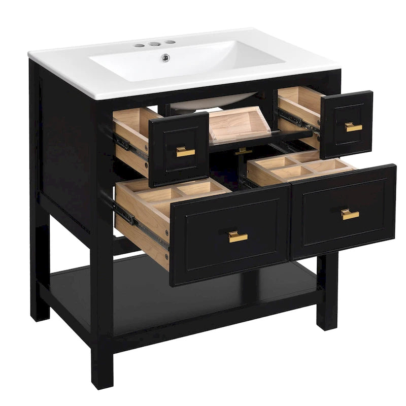Meuble lavabo de salle de bain 30 po avec évier en céramique, ensemble de vanité autoportant simple avec 5 tiroirs