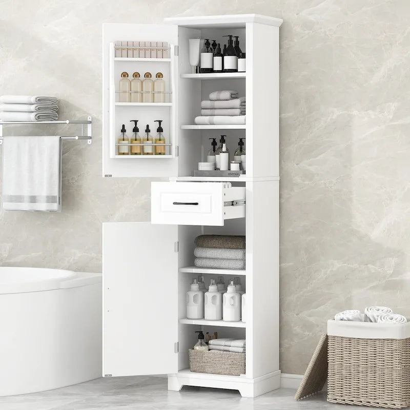 Meuble Colonne de Rangement de Salle de Bain, Meuble de Rangement sur Pied avec Deux Portes et Étagères Réglables, Porte-Serviettes Intégré