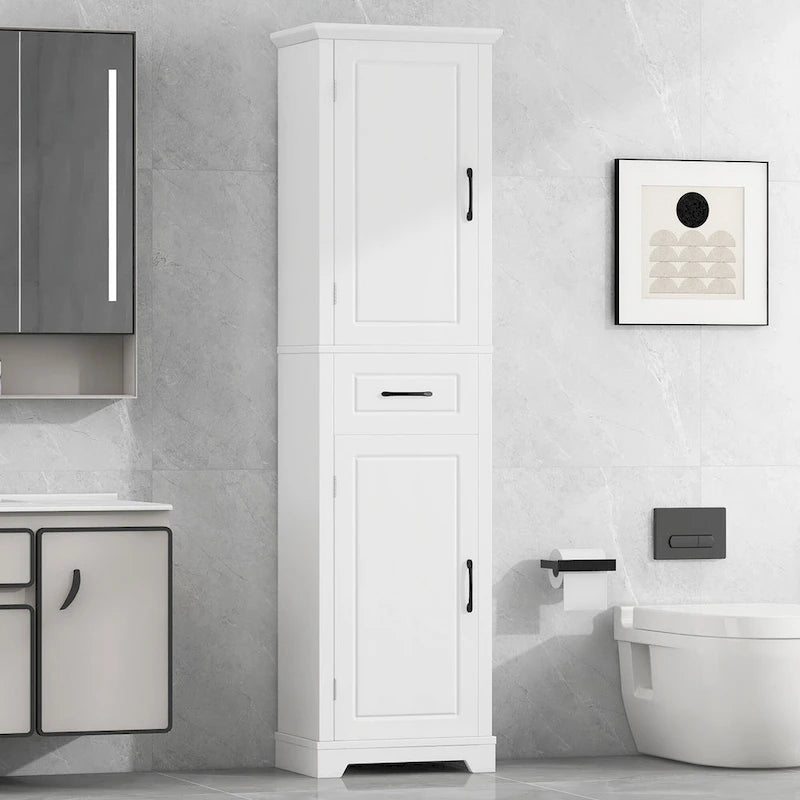 Meuble Colonne de Rangement de Salle de Bain, Meuble de Rangement sur Pied avec Deux Portes et Étagères Réglables, Porte-Serviettes Intégré