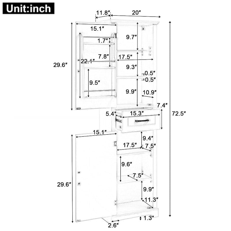 Meuble Colonne de Rangement de Salle de Bain, Meuble de Rangement sur Pied avec Deux Portes et Étagères Réglables, Porte-Serviettes Intégré