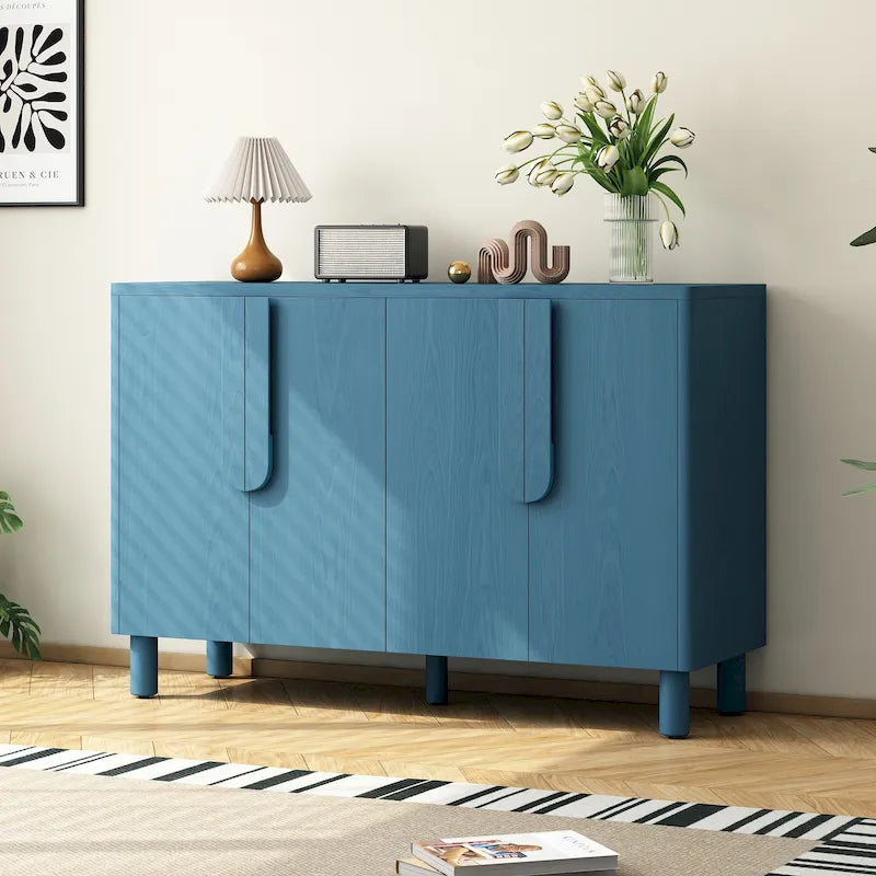 Buffet 4 portes avec rangement, buffet en bois avec poignées incurvées uniques et étagères réglables pour salle à manger