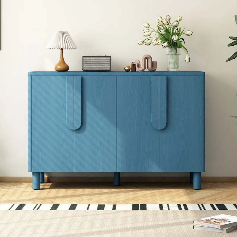 Buffet 4 portes avec rangement, buffet en bois avec poignées incurvées uniques et étagères réglables pour salle à manger