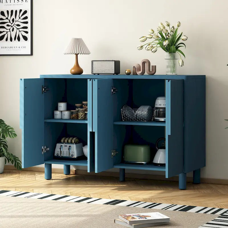 Buffet 4 portes avec rangement, buffet en bois avec poignées incurvées uniques et étagères réglables pour salle à manger