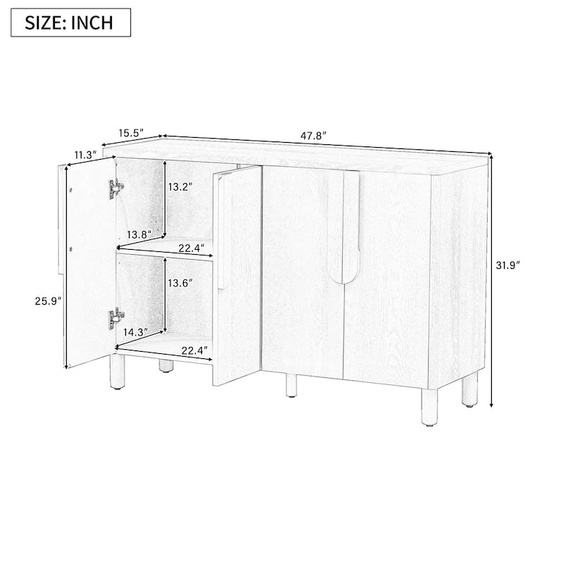 Buffet 4 portes avec rangement, buffet en bois avec poignées incurvées uniques et étagères réglables pour salle à manger