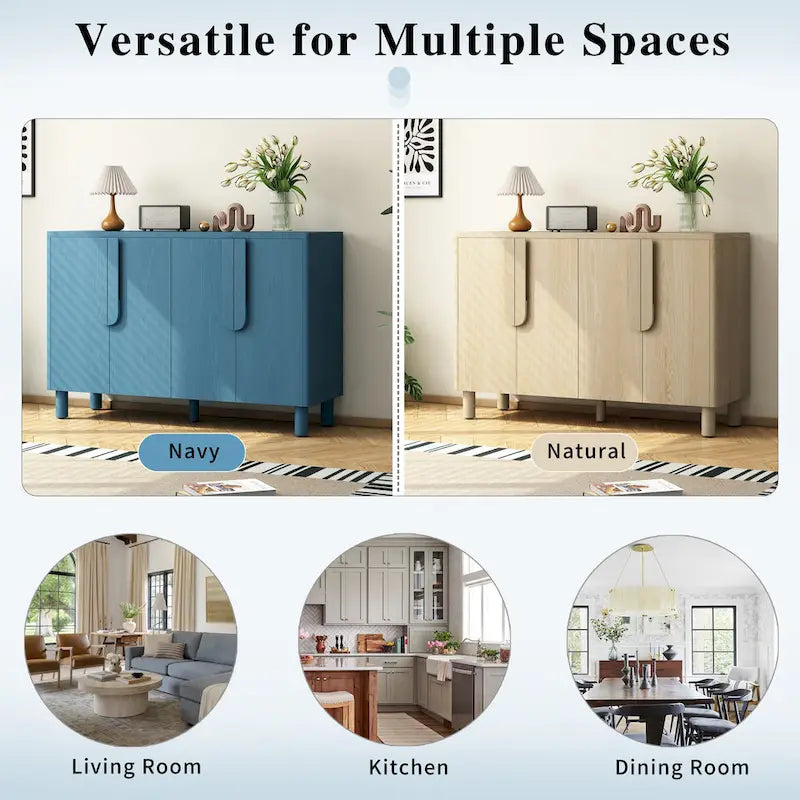 Buffet 4 portes avec rangement, buffet en bois avec poignées incurvées uniques et étagères réglables pour salle à manger