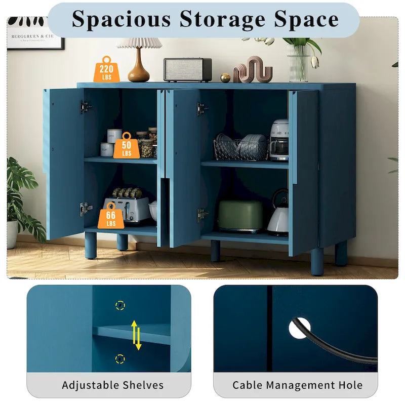 Buffet 4 portes avec rangement, buffet en bois avec poignées incurvées uniques et étagères réglables pour salle à manger
