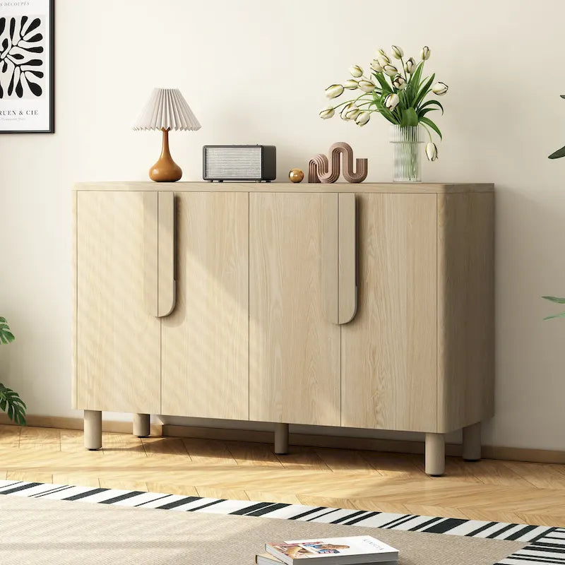 Buffet 4 portes avec rangement, buffet en bois avec poignées incurvées uniques et étagères réglables pour salle à manger