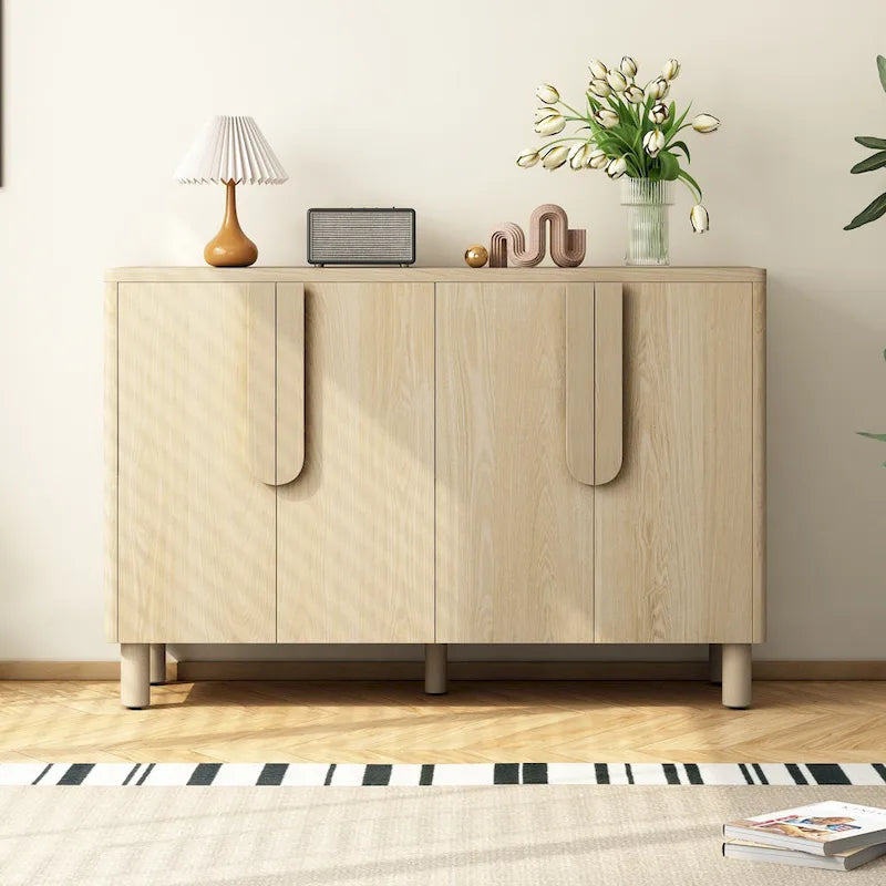 Buffet 4 portes avec rangement, buffet en bois avec poignées incurvées uniques et étagères réglables pour salle à manger