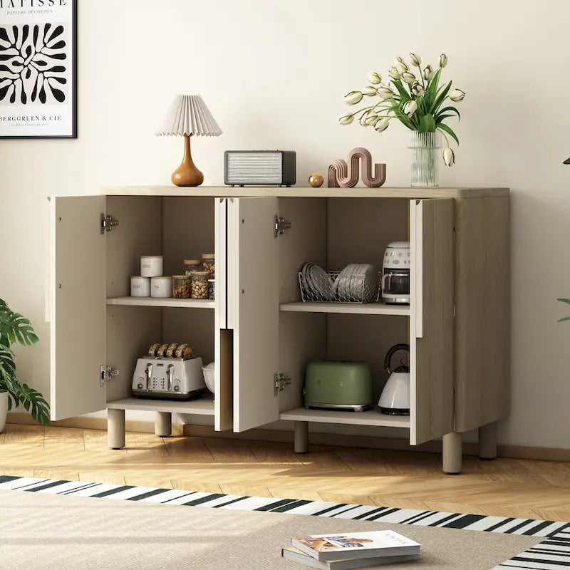 Buffet 4 portes avec rangement, buffet en bois avec poignées incurvées uniques et étagères réglables pour salle à manger