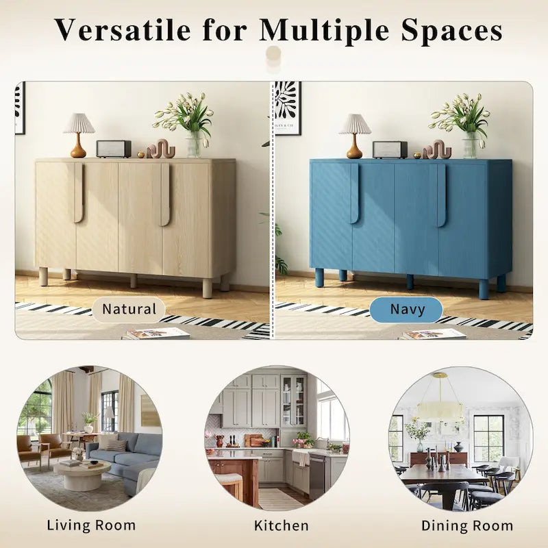 Buffet 4 portes avec rangement, buffet en bois avec poignées incurvées uniques et étagères réglables pour salle à manger