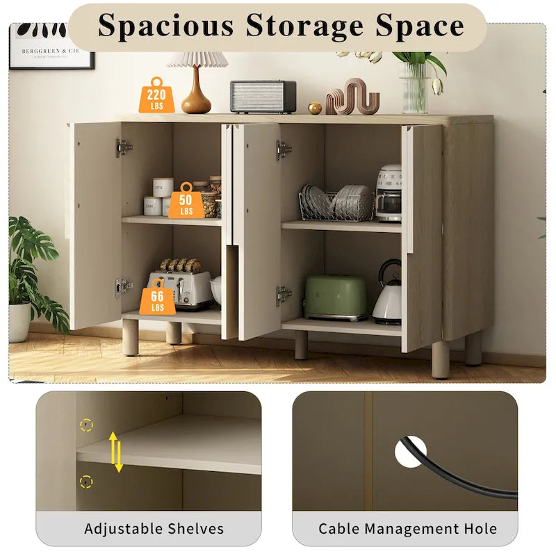 Buffet 4 portes avec rangement, buffet en bois avec poignées incurvées uniques et étagères réglables pour salle à manger
