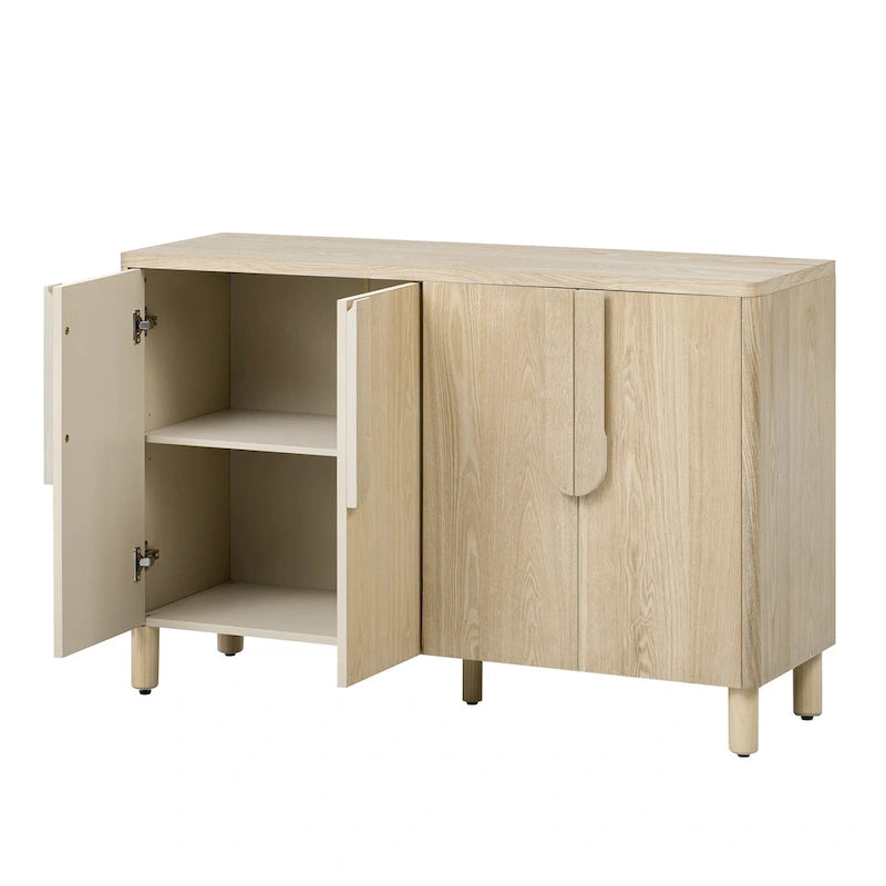 Buffet 4 portes avec rangement, buffet en bois avec poignées incurvées uniques et étagères réglables pour salle à manger