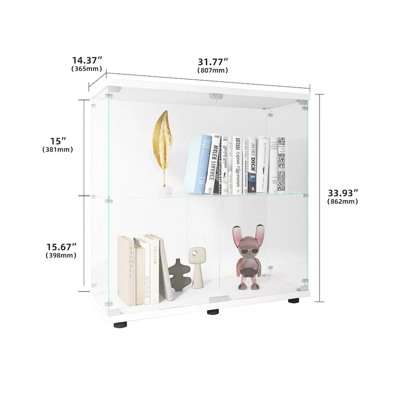 Vitrine en verre à deux portes, 2 étagères avec porte, bibliothèque sur pied pour salon, chambre, bureau