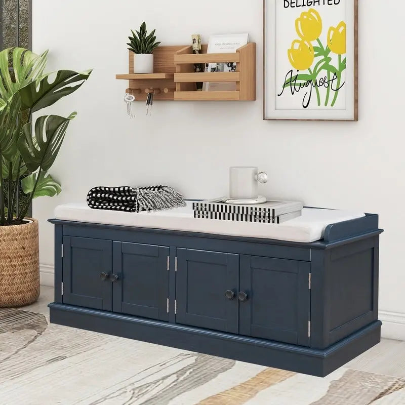 Tabouret de rangement pour salon avec matelas amovible et casier, 4 portes et étagères réglables