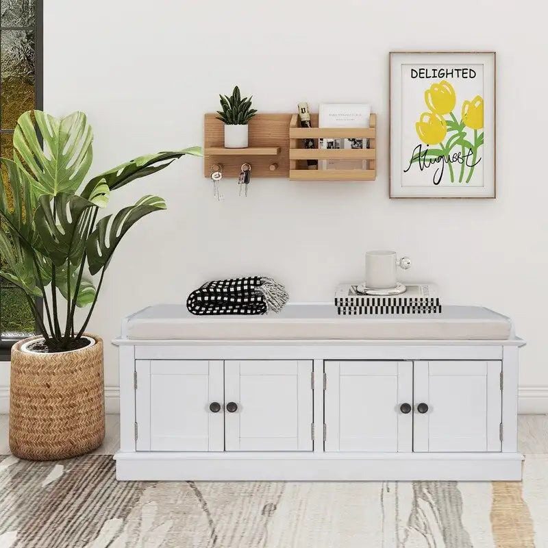 Tabouret de rangement pour salon avec matelas amovible et casier, 4 portes et étagères réglables
