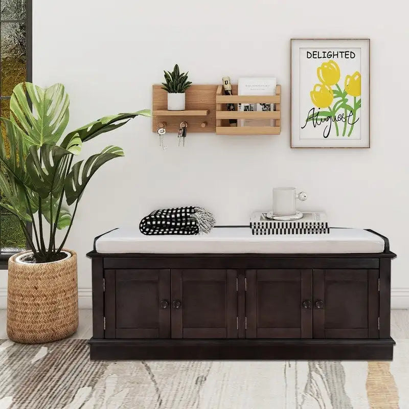 Tabouret de rangement pour salon avec matelas amovible et casier, 4 portes et étagères réglables