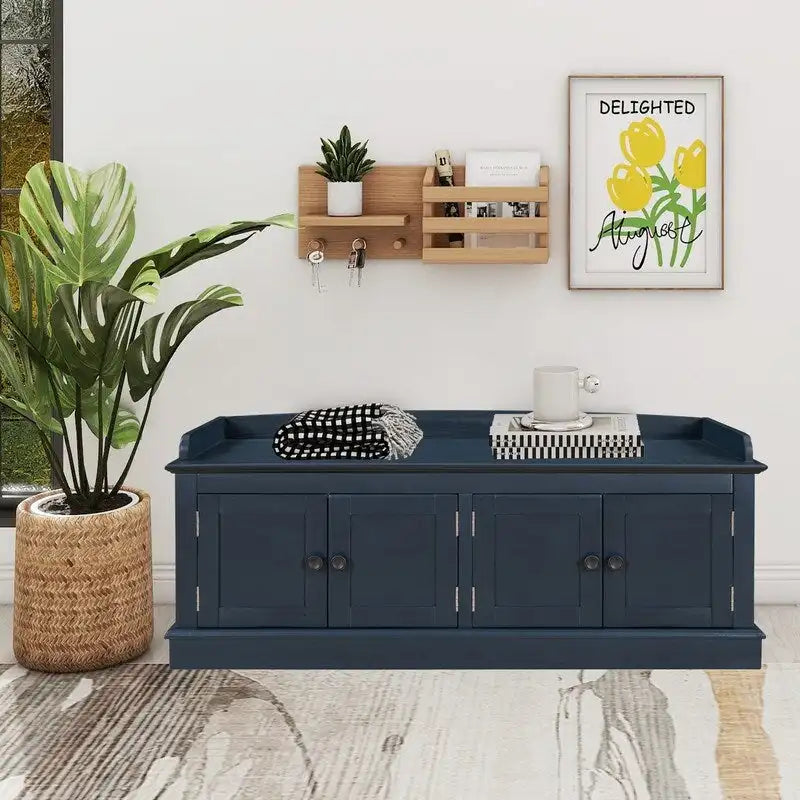 Tabouret de rangement pour salon avec matelas amovible et casier, 4 portes et étagères réglables