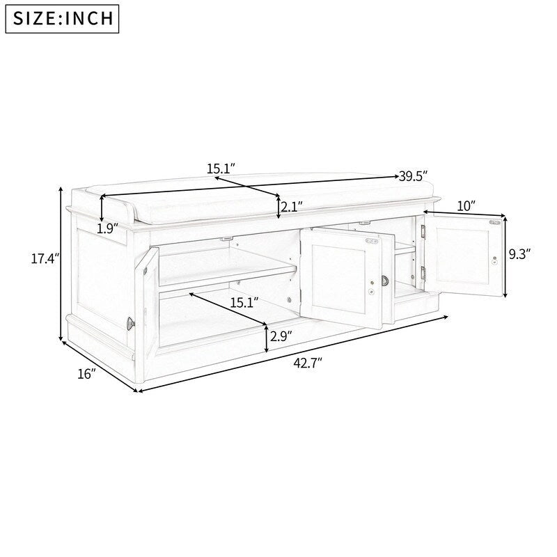 Tabouret de rangement pour salon avec matelas amovible et casier, 4 portes et étagères réglables