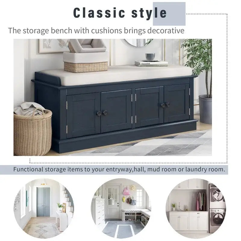 Tabouret de rangement pour salon avec matelas amovible et casier, 4 portes et étagères réglables