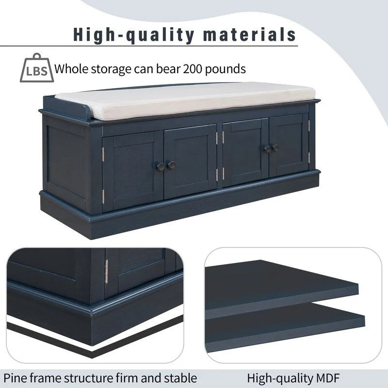 Tabouret de rangement pour salon avec matelas amovible et casier, 4 portes et étagères réglables