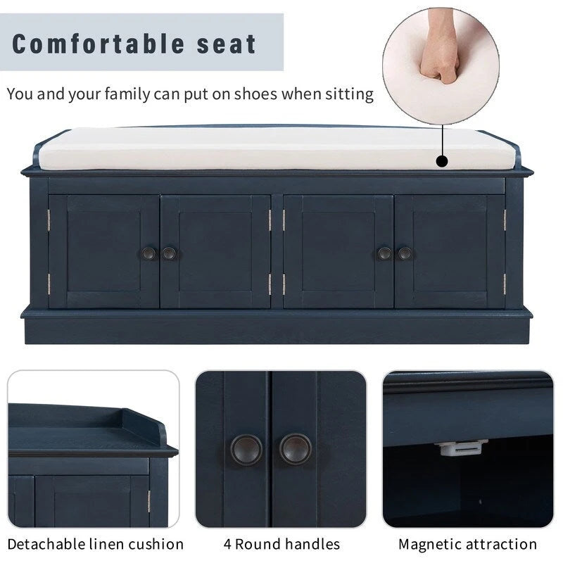 Tabouret de rangement pour salon avec matelas amovible et casier, 4 portes et étagères réglables