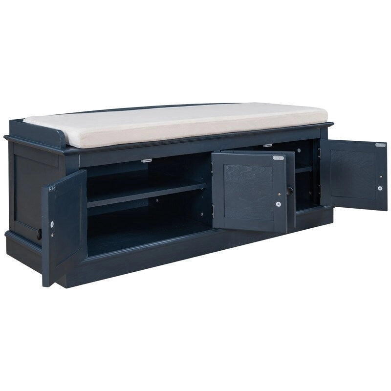 Tabouret de rangement pour salon avec matelas amovible et casier, 4 portes et étagères réglables