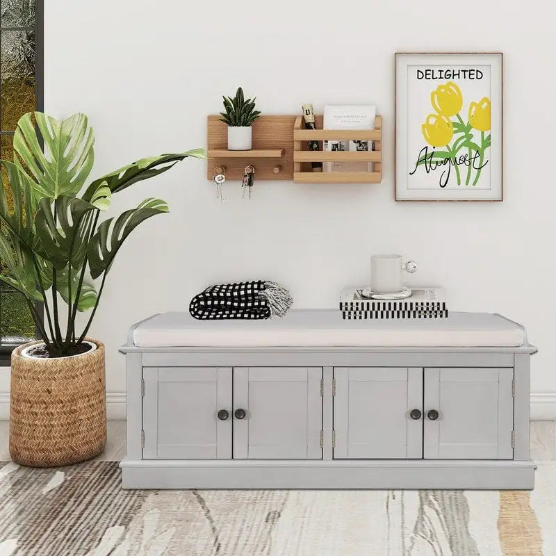 Tabouret de rangement pour salon avec matelas amovible et casier, 4 portes et étagères réglables