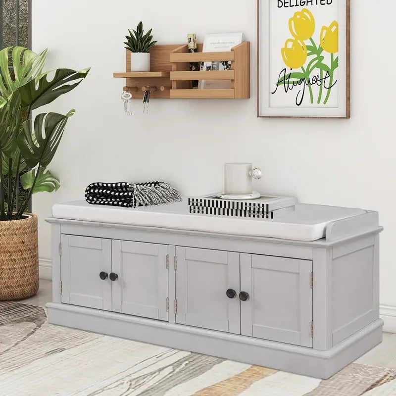 Tabouret de rangement pour salon avec matelas amovible et casier, 4 portes et étagères réglables