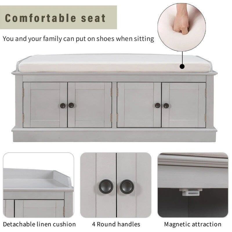 Tabouret de rangement pour salon avec matelas amovible et casier, 4 portes et étagères réglables