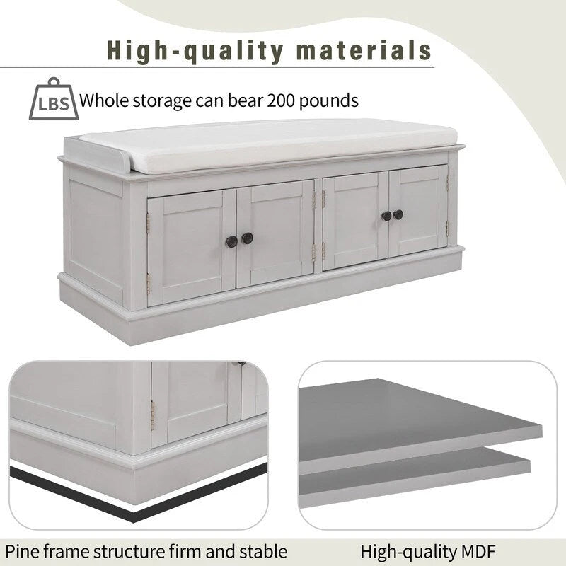 Tabouret de rangement pour salon avec matelas amovible et casier, 4 portes et étagères réglables