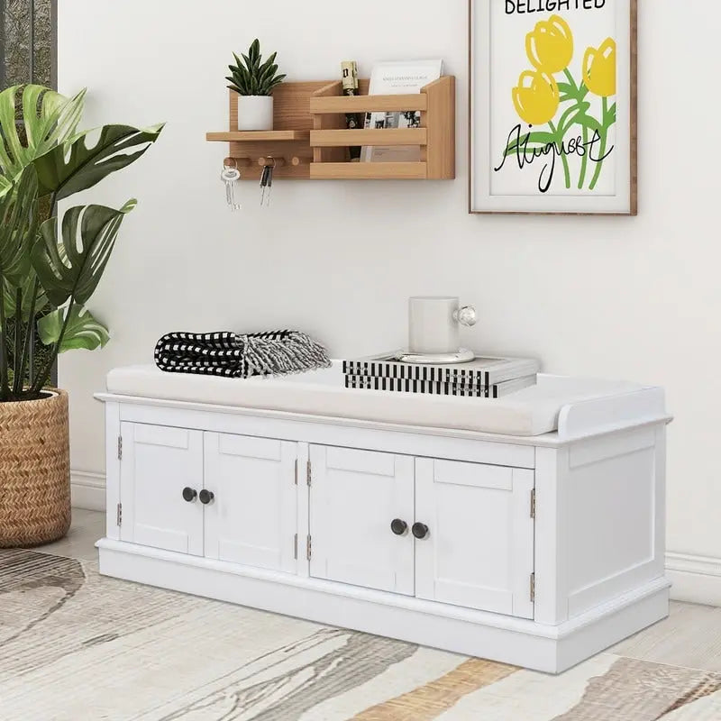 Tabouret de rangement pour salon avec matelas amovible et casier, 4 portes et étagères réglables