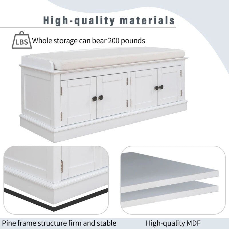 Tabouret de rangement pour salon avec matelas amovible et casier, 4 portes et étagères réglables