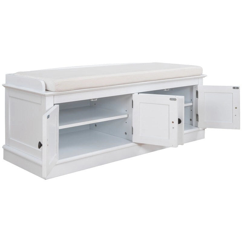 Tabouret de rangement pour salon avec matelas amovible et casier, 4 portes et étagères réglables