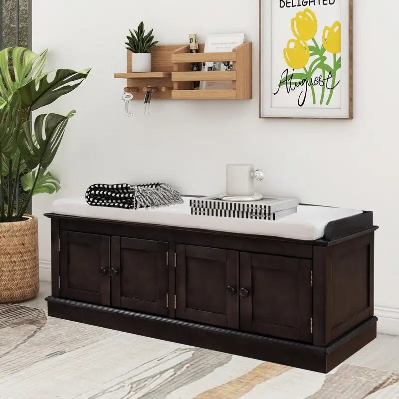 Tabouret de rangement pour salon avec matelas amovible et casier, 4 portes et étagères réglables