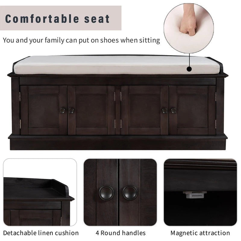 Tabouret de rangement pour salon avec matelas amovible et casier, 4 portes et étagères réglables