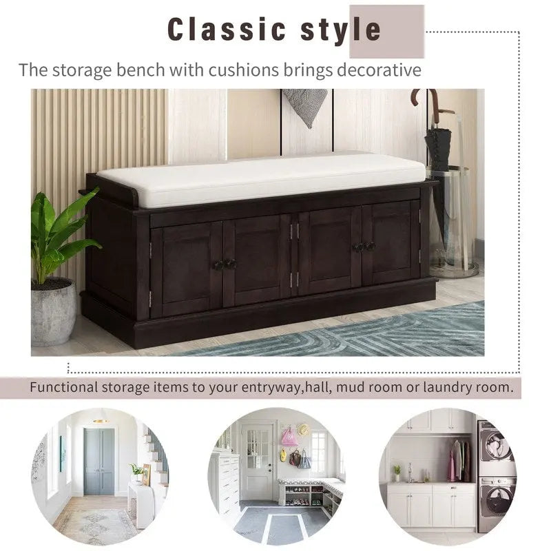 Tabouret de rangement pour salon avec matelas amovible et casier, 4 portes et étagères réglables