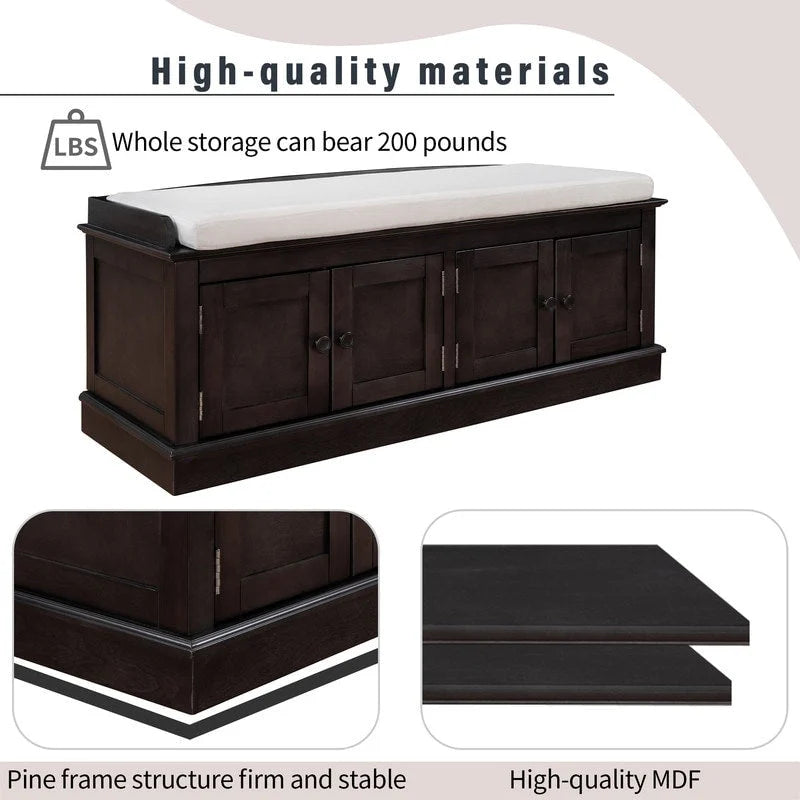 Tabouret de rangement pour salon avec matelas amovible et casier, 4 portes et étagères réglables