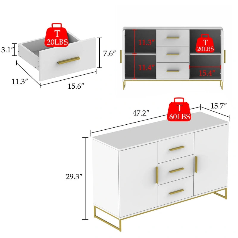 Buffet crédence à deux portes et trois tiroirs de 47 po - 47,2 long.