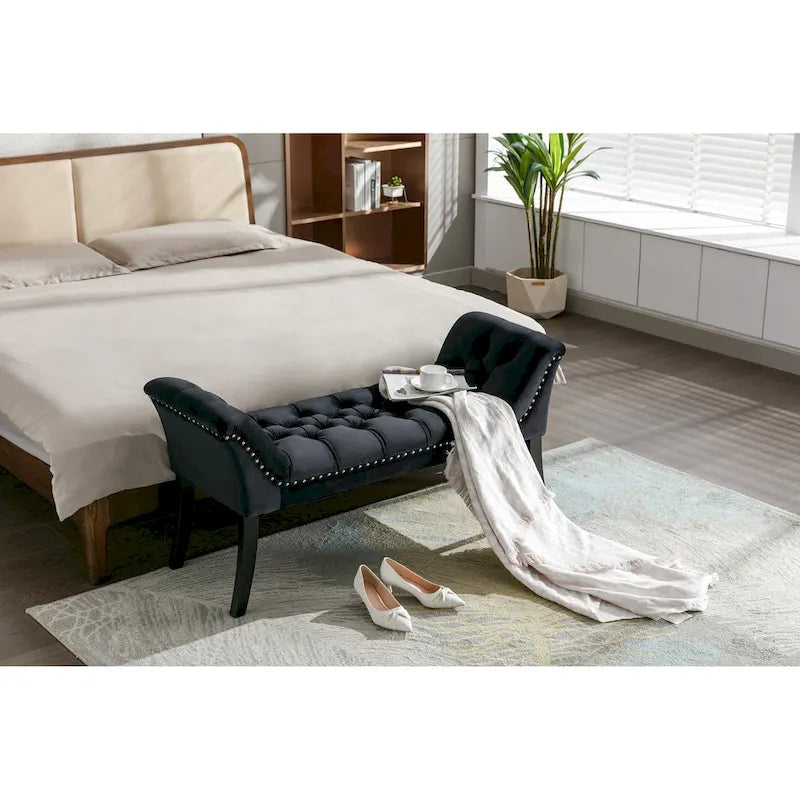 Banc d'appoint en velours capitonné avec pieds en bois d'hévéa