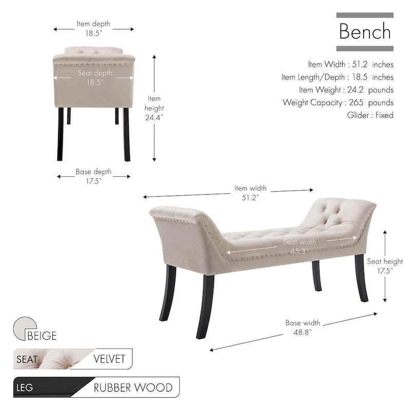 Banc d'appoint en velours capitonné avec pieds en bois d'hévéa