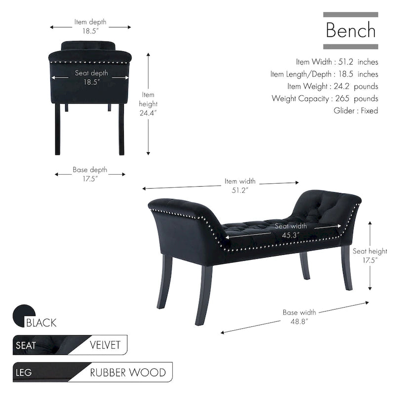 Banc d'appoint en velours capitonné avec pieds en bois d'hévéa