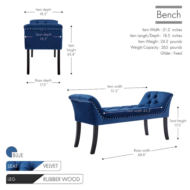Banc d'appoint en velours capitonné avec pieds en bois d'hévéa