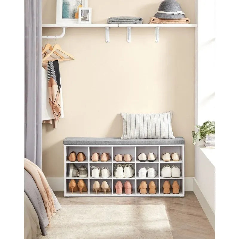 Banc à chaussures en bois avec coussin, organisateur de rangement à 15 compartiments - 11,8P x 41,3L x 18,9H