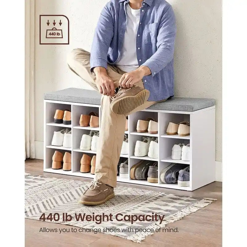 Banc à chaussures en bois avec coussin, organisateur de rangement à 15 compartiments - 11,8P x 41,3L x 18,9H